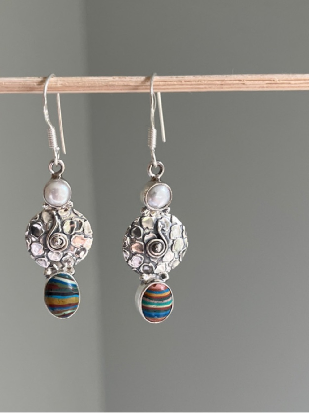 Sterling Silver Pearl and Rainbow Calsilica Drop Earrings - Picture 1 of 6